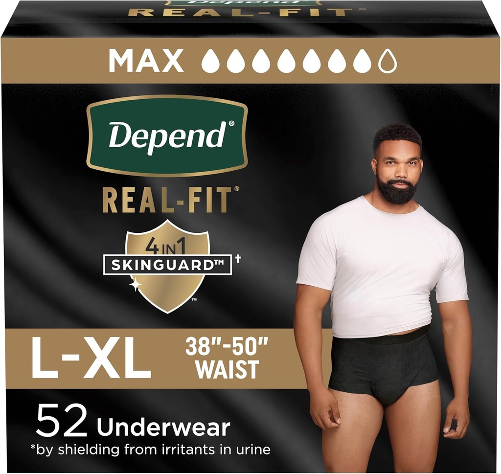 Dependido Real Fit Adult Diapers, Incontinencia Ropa interior para Hombres, Absorbencia Máxima, Grande/Extra Grande, Negro, 52 Cuenta (2 paquetes de 26), Embalaje Mayo Vary