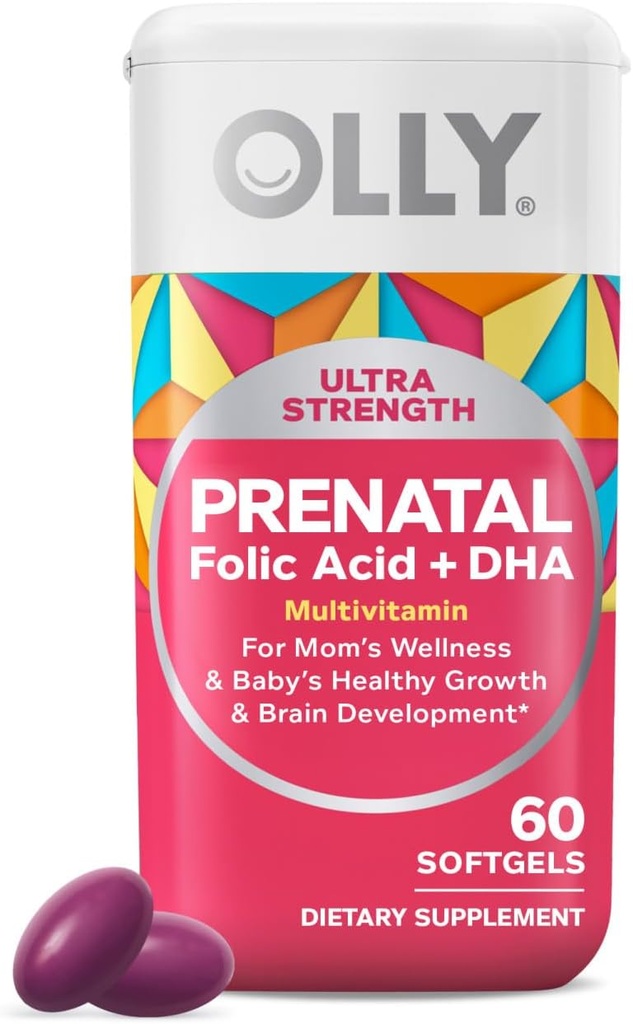 OLLY Ultra Strength Prenatal Multivitamin Softgels, Supports Healthy Growth, Brain Development, Iron, Folic Acid, DHA, Vitaminas C, E, 30 Day Supply-60 Count