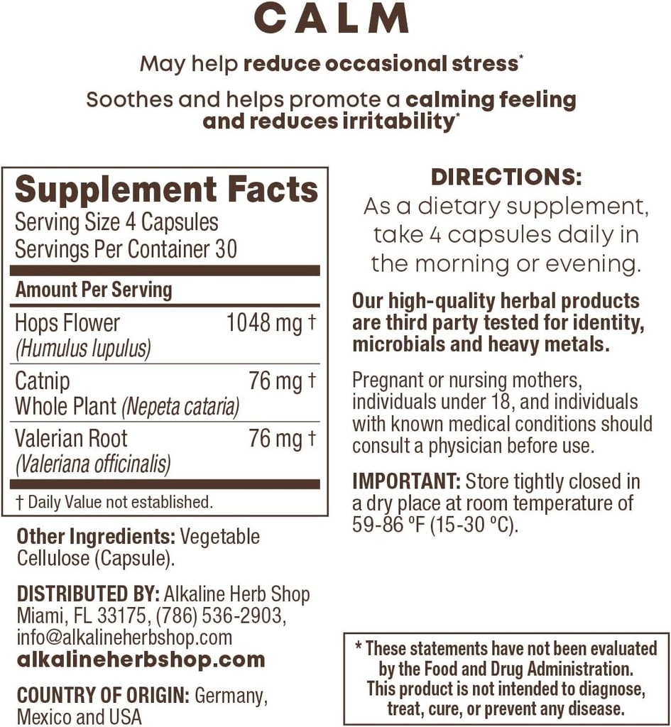 Alkaline Herb Store Calma Suplemento 120 Capsules (Feliz Mood)