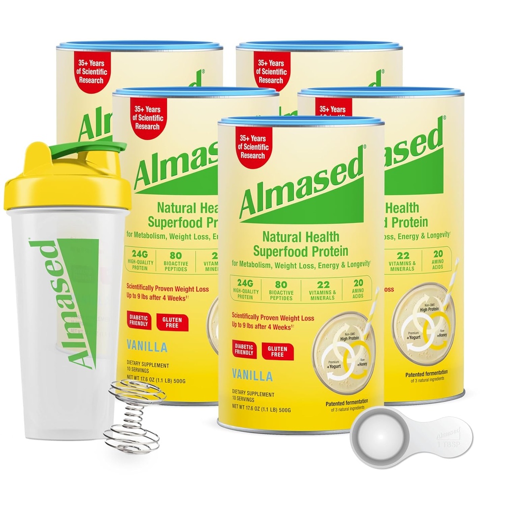 Almased ¦ High Protein Shakes ¦ Meal Replacement Shake ¦ Meal Replacement Powder for Weight Loss with Shaker Bottle (Vanilla Flavor, 5 Cans of 17.6 oz + Scoop)