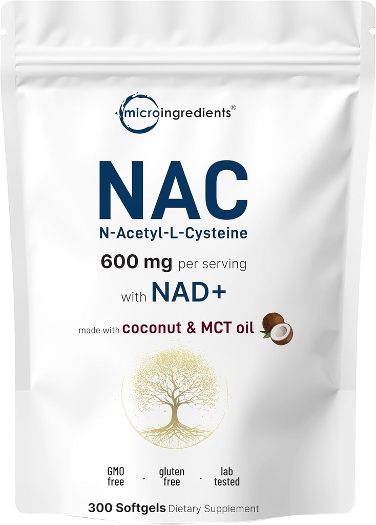 NAC 600mg con NAD+, 300 Softgels TENIDO N-Acetyl L-Cysteine + Nicotinamide + MCT Oil TEN Cellular Energy & Antioxidant Support TEN Clean Label, Non-GMO