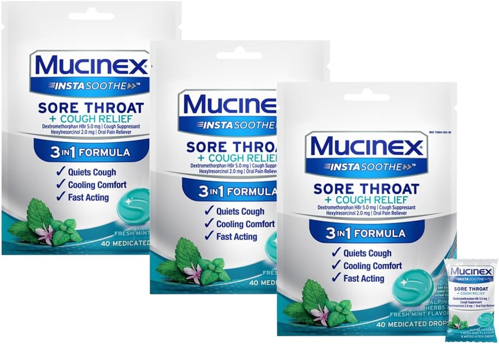 Mucinex InstaSoothe Sore Throat + Cough Relief Alpine Herbs & Mint Flavor, Fast Acting, Cooling Comfort, Powerful Sore Throat Oral Pain Reliever, 40 gotas medicadas (40 Cuenta (Pack of 3))
