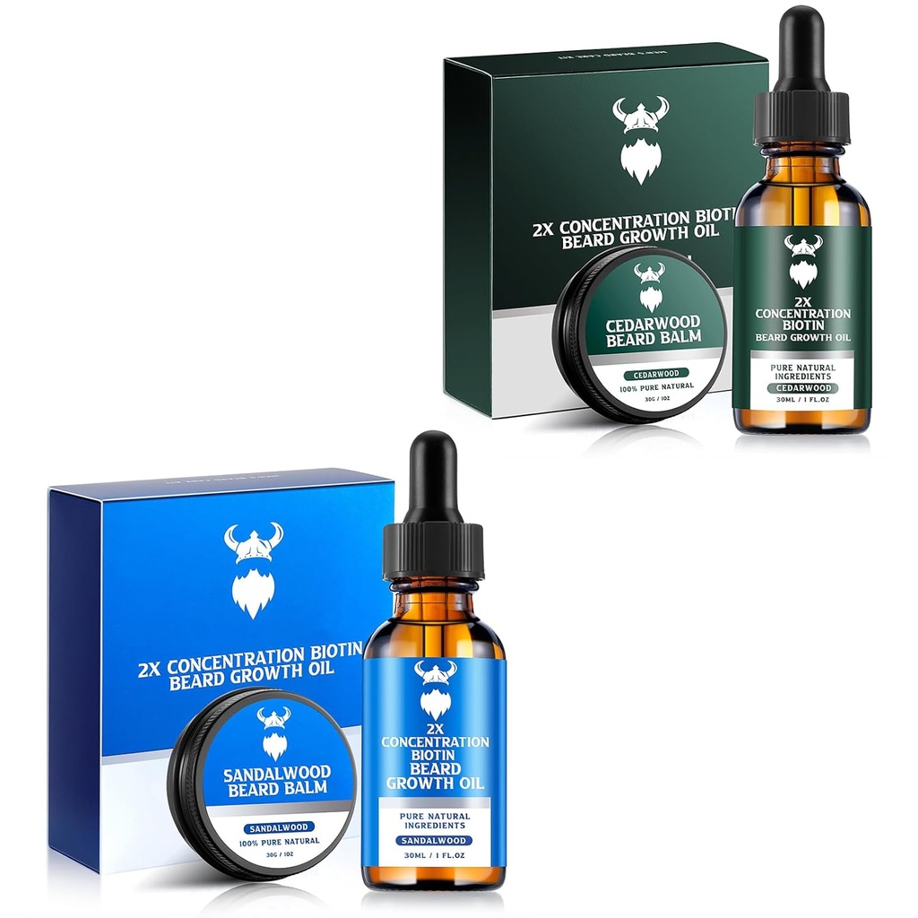 Aceite de crecimiento de la barba de Sandalwood con biotina de concentración 2X para hombres y aceite de crecimiento de la barba de cedro con biotina de concentración 2X para hombres, ingredientes naturales " Thickens Facial Hair Growth