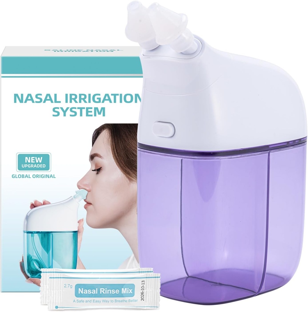 Sistema de riego nasal con 30 paquetes de Saline, máquina de enjuague sinusal, máquina limpiadora sinusitis con tanque de agua " tanque de recogida de residuos - Violet