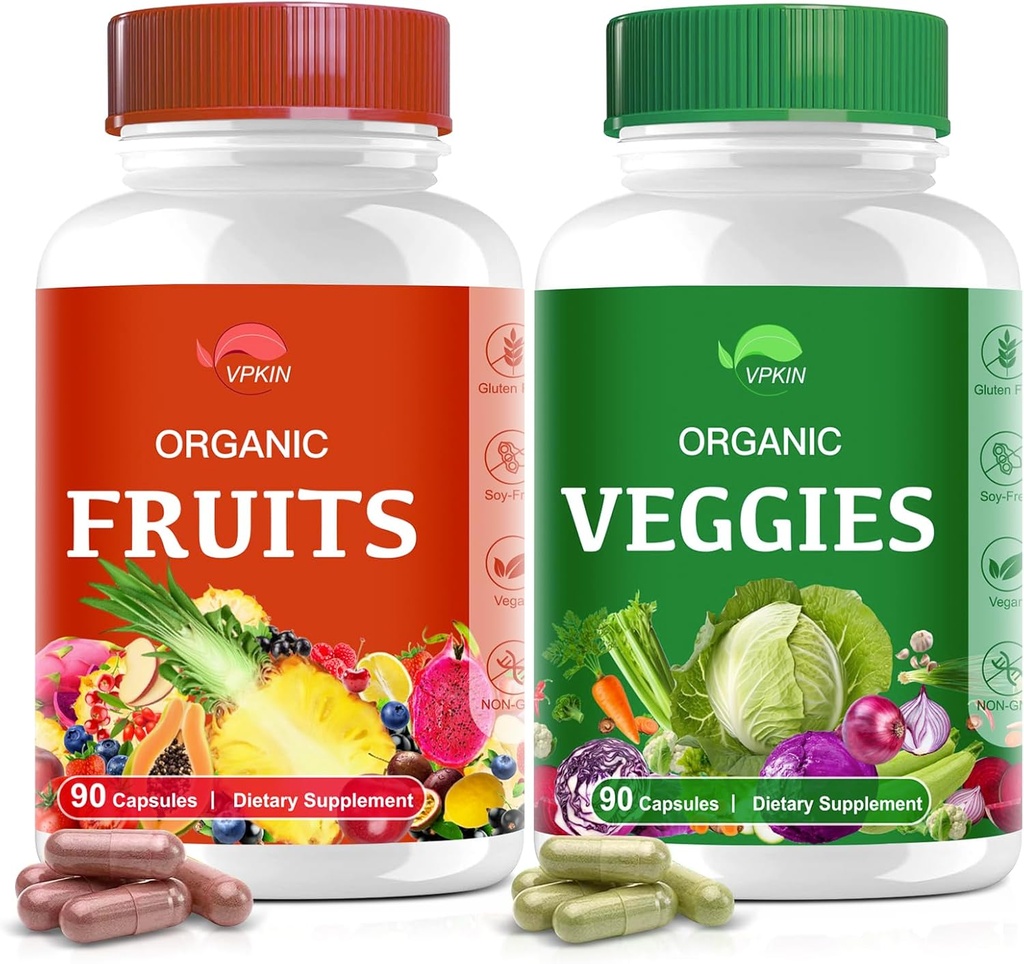 Suplemento orgánico de frutas y verduras, cápsulas de vitamina Superalimentaria Fabricadas con alimentos y verduras enteras para el consumo de energía, vegan, no GMO, sin gluten(90 cápsulas)