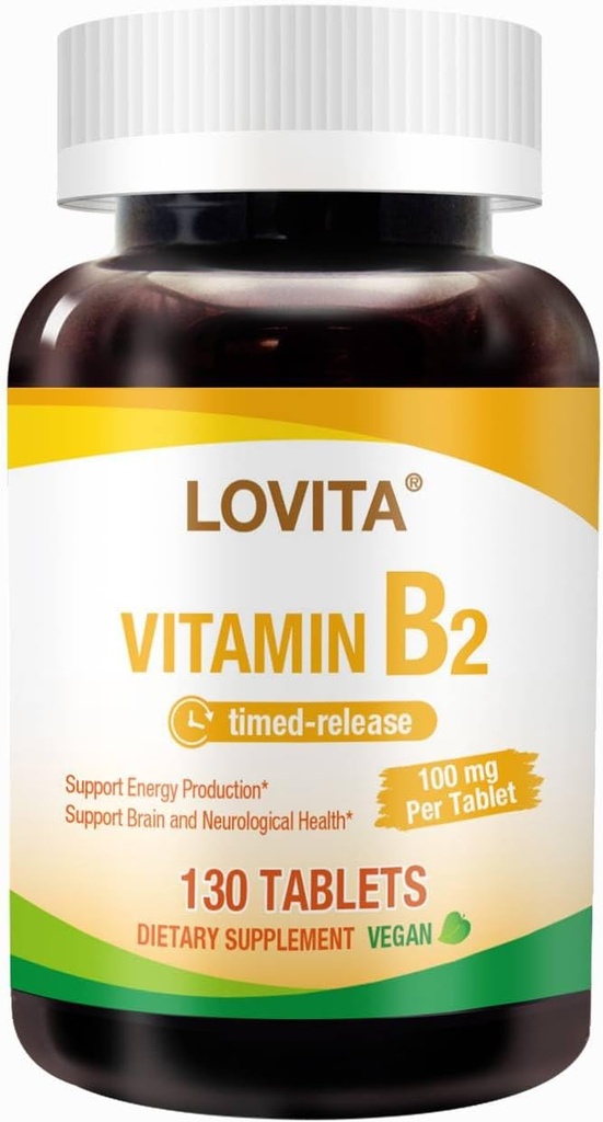 Lovita Vitamin B2 (Riboflavin) 100mg, Timed Release, 8 Hours Sustained, Support Metabolism & Nerve Health, 130 Vegan Tablet