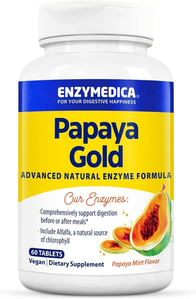 Enzymedica Papaya Gold, Advanced Digestive Enzymes with Natural Organic Papaya & Chlorophyll for Comprehensive Digestion Support, High Potency Bromelain " Papain, Vegan, Mint, 60 Chewable Tablets