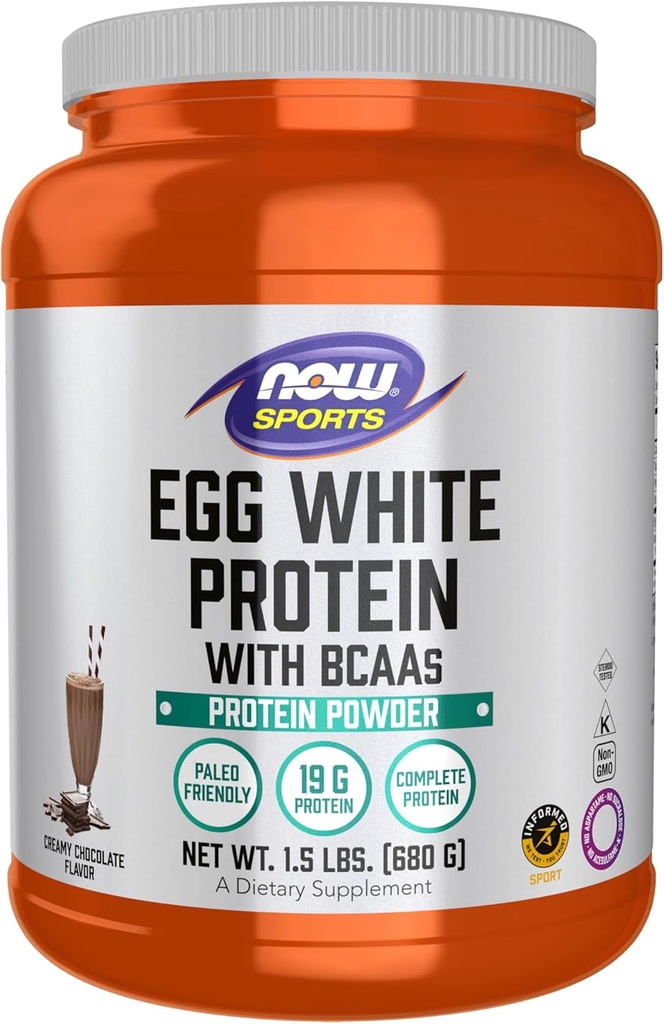 NOW Foods Sports Nutrition, Egg White Protein, 20 g With BCAAs, Creamy Chocolate Powder, 1.5-Pound