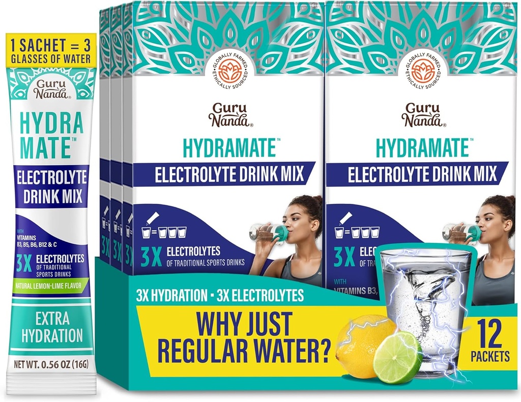 GuruNanda Hydramate Hydration Support Drink Mix - Electrolyte Powder Packets for Dehydration, Exercise & Energy - No Añadido Sweeteners, Non-GMO, Natural Lemon Lime Flavor - 12 Count (0,56 oz Cada uno)