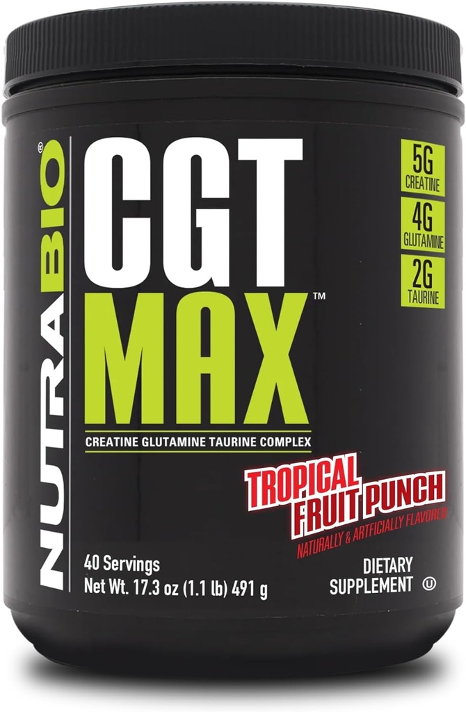 NutraBio CGT-MAX Powder- Creatine, Glutamine y Taurine para apoyar la recuperación del músculo y la fuerza - 40 servidos - Tropical Fruit Punch...