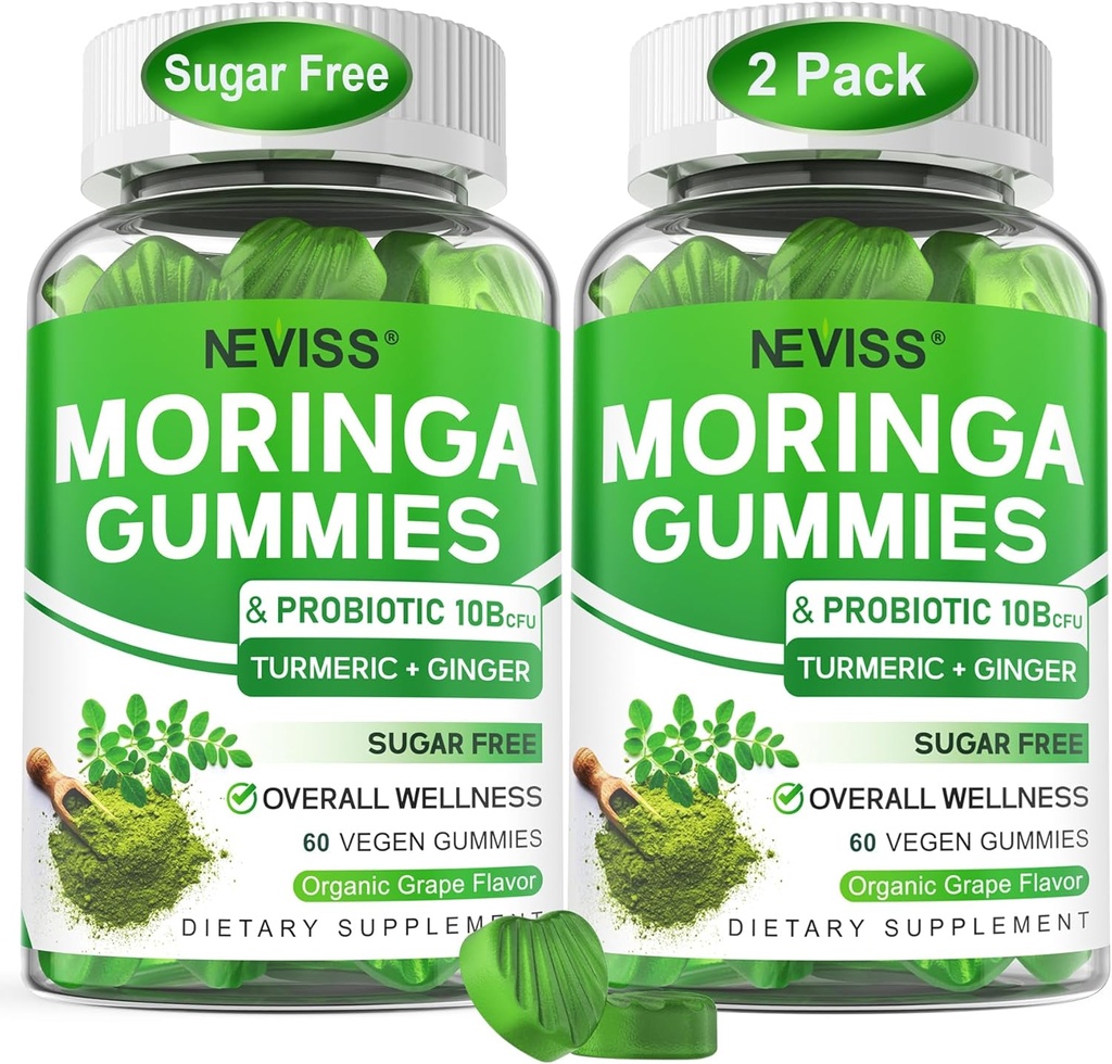 Moringa Gummies for Women Hombres w/Probiótico Turmeric Ginger Ceylon Cinnamon, Sugar Gratis, Orgánica Moringa Powder Capsules Alternativas, Pura Moringa Leaves Green Superfood Supplement - Vegan, 120Cts