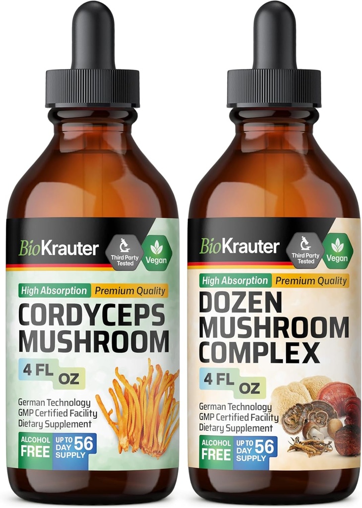 BIO KRAUTER Cordyceps Mushroom Tintura 4 Fl. Oz. & Dozen Mushroom Tincture 4 Fl. Oz.