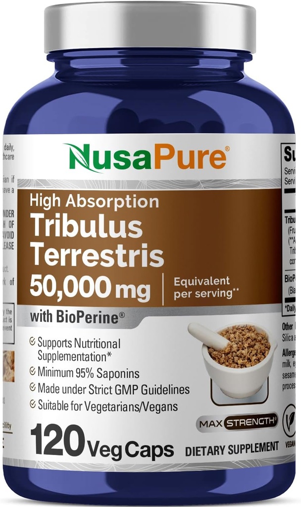 NusaPure Tribulus Terrestris 50:1 Extracto, 1000 mg Equivalente a 50,000mg habit 120 Veggie Caps ← 95% Steroidal Saponins ← Non-GMO, Bioperine