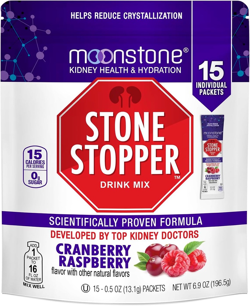 Moonstone Stone Stopper Drink Mix, Cranberry Raspberry, Kidney Stone Prevention, Calcium Oxalate Protector, Desarrollado por los urólogos para mejorar la higiene y apoyar la salud del riñón, 15 Day Supply