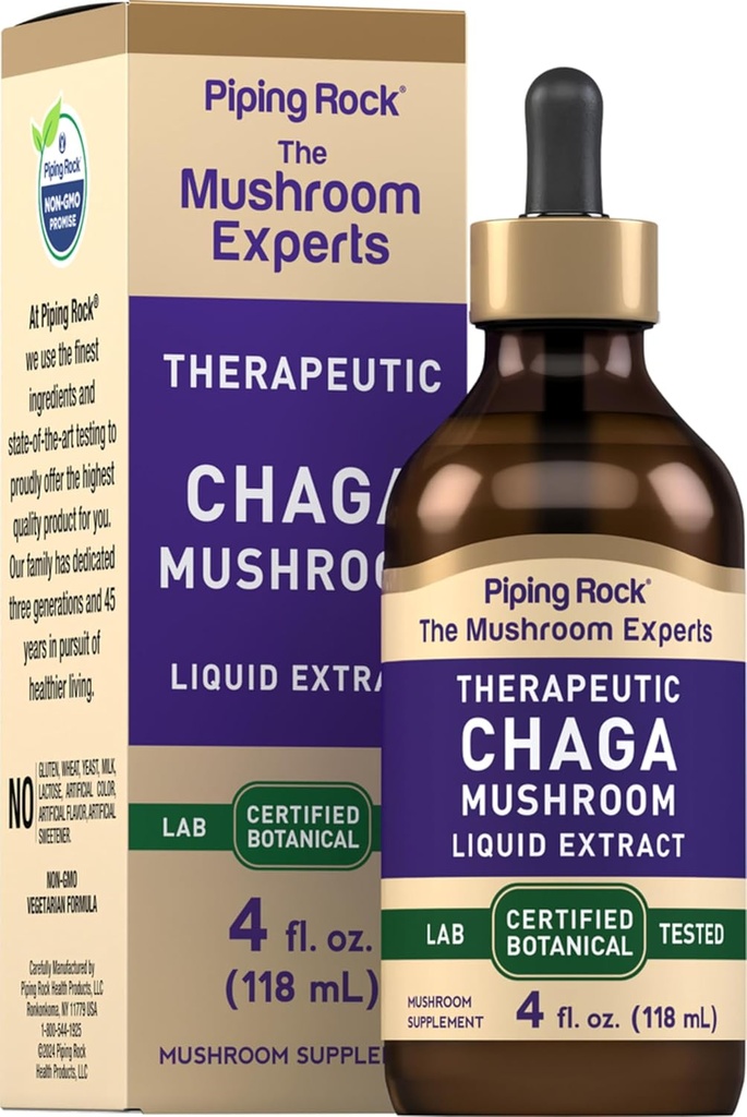 Piping Rock Chaga Mushroom Liquid Extract ← 4 Fl Oz ← Alcohol Gratis, Vegetarian Tincture ← Non-GMO, Gluten Free Supplement