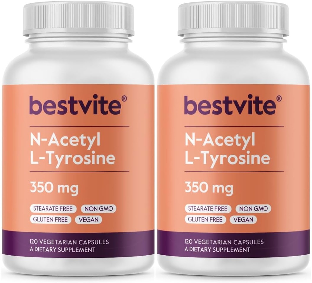 BESTVITE N-Acetyl L-Tyrosine 350mg (NALT) (240 cápsulas) (120 x 2) - No Stearates - Non GMO - Gluten Free