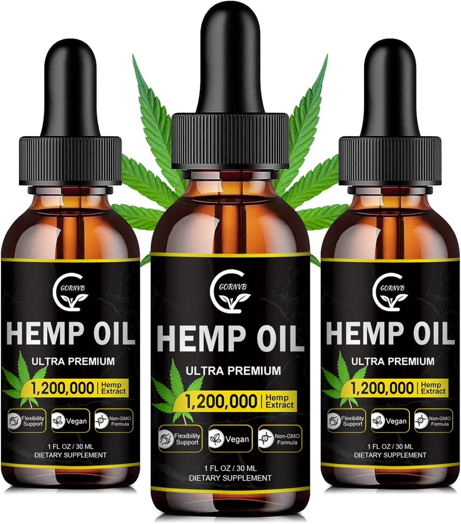 (3-Pack) Aceite de cáñamo de alta potencia - Fuerza máxima, Soporte de sistema inmunitario, calma de enfoque, relajación, orina, extracto puro, orgánico, vegano, no GMO