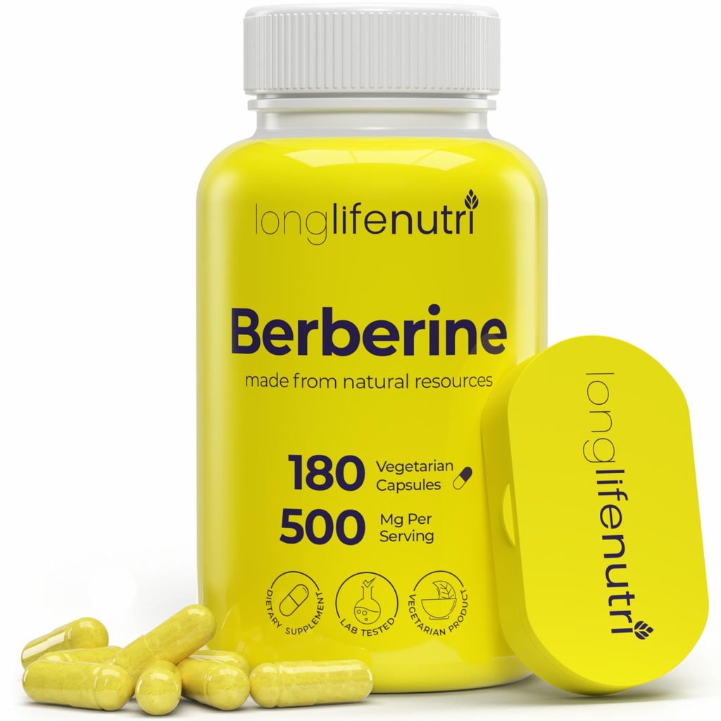 Berberine 500mg HCL Extract – de Berberis Aristata Vulgaris, 180 cápsulas vegetarianas, suplemento digestivo para bienestar general, 6 meses de suministro, no GMO, 1000mg por servicio, GMP certificado, EE.UU.
