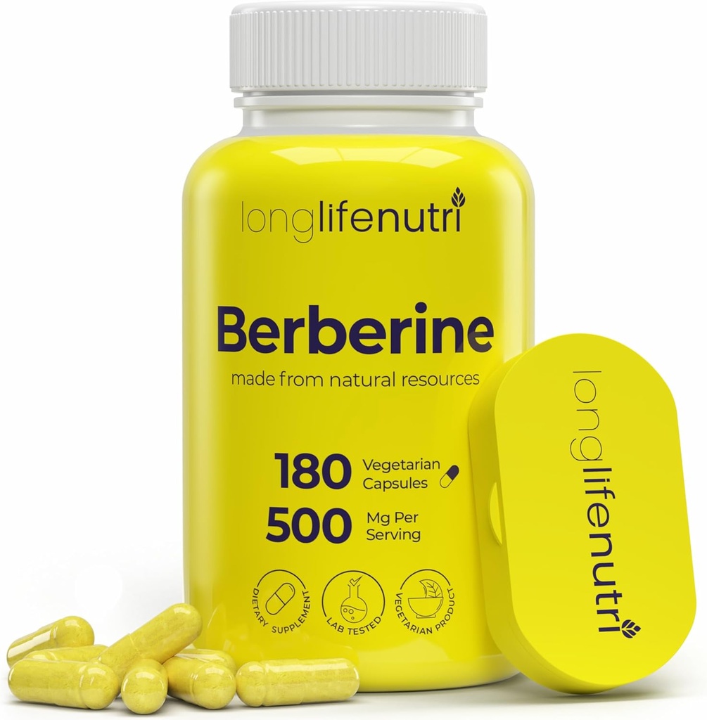 Berberine 500mg HCL Extract – de Berberis Aristata Vulgaris, 180 cápsulas vegetarianas, suplemento digestivo para bienestar general, 6 meses de suministro, no GMO, 1000mg por servicio, GMP certificado, EE.UU.