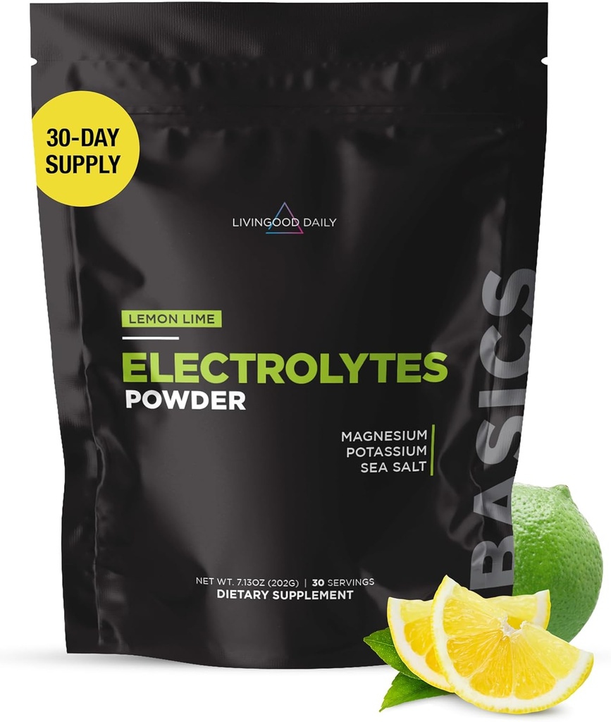Livingood Daily Electrolytes Powder, Electrolytes Hydration Drink Mix with Vitamin C, Magnesium, Taurine &amp; Sea Salt, Electrolyte Supplement For Energy & Hydration, Keto, Lemon Lime Flavor, 30 Servings