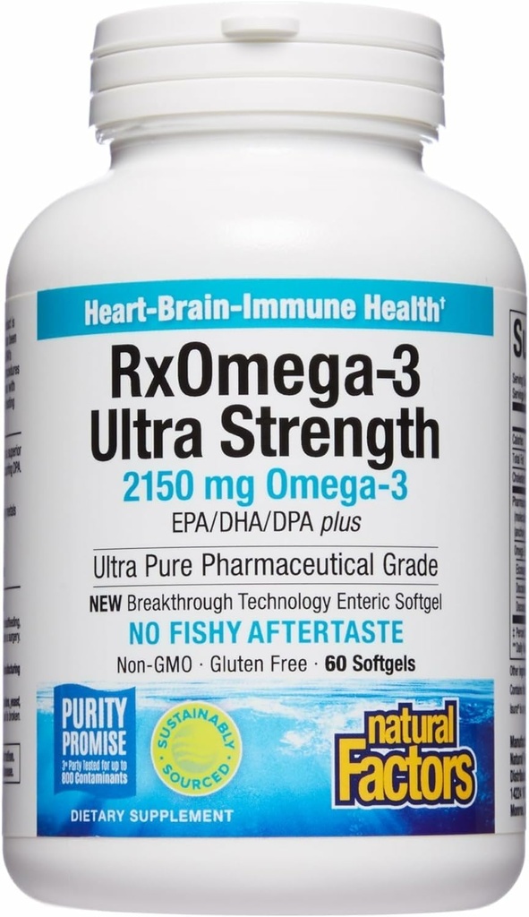 Factores naturales RxOmega-3 Ultra Strength - Suplemento dietético para la salud cerebral - Suplemento de salud ocular con EPA &amp; DHA - Suplemento con ácidos grasos Omega-3 - 60 Softgels (30 Servimientos)