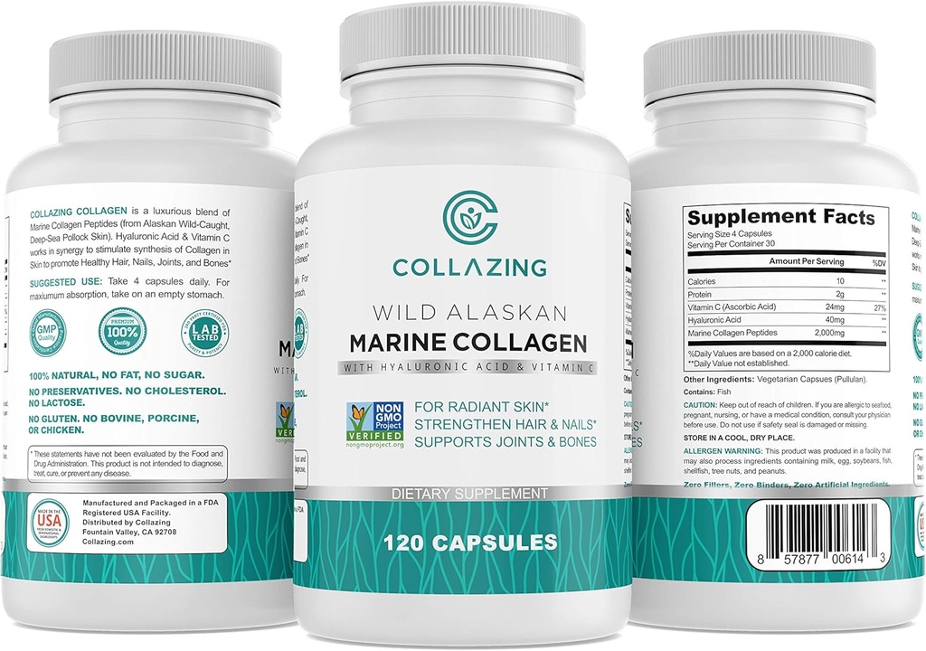 Alaskan Wild-Caught Marine Collagen Peptides with Hyaluronic Acid & Vitamin C - Supports Skin, Hair, Nails, Joints & Bones - Type 1 & 3 Collagen for Women & Men - 120 Powder Capsules