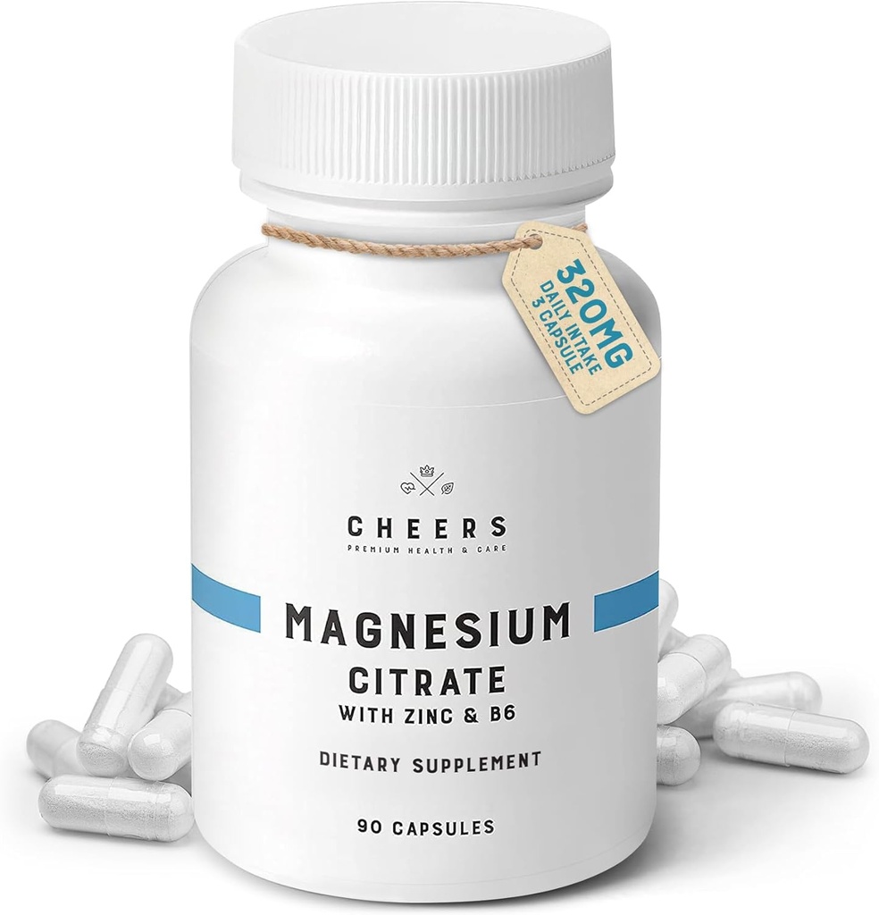 Cheers Magnesium Citrate 320mg | Supports Muscle & Nerve Health, Immune Boost & Stress Relief | Magnesium Supplements with Vitamin B6 & Zinc | Non-GMO, Vegan, No Artificial Ingredients | 90 Capsules