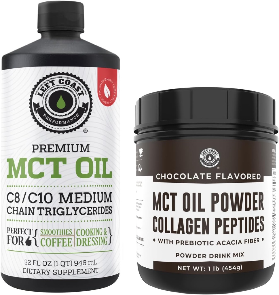Costa izquierda Rendimiento 100% Coconut MCT Oil Liquid, 32oz + Chocolate Keto MCT Powder, Collagen " Prebiotic Fiber, 16oz