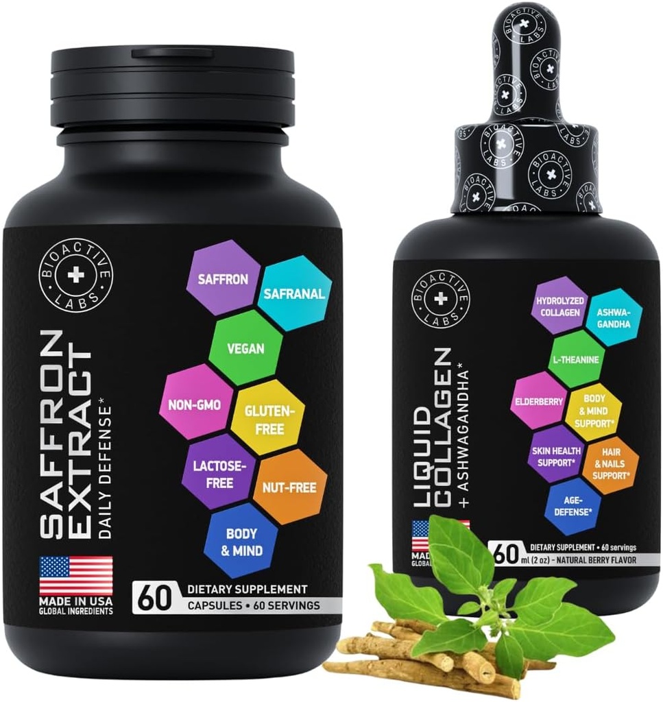 Liquid Collagen " Ashwagandha and Pure Saffron Extract Capsules Beauty and Energy Support Bundle