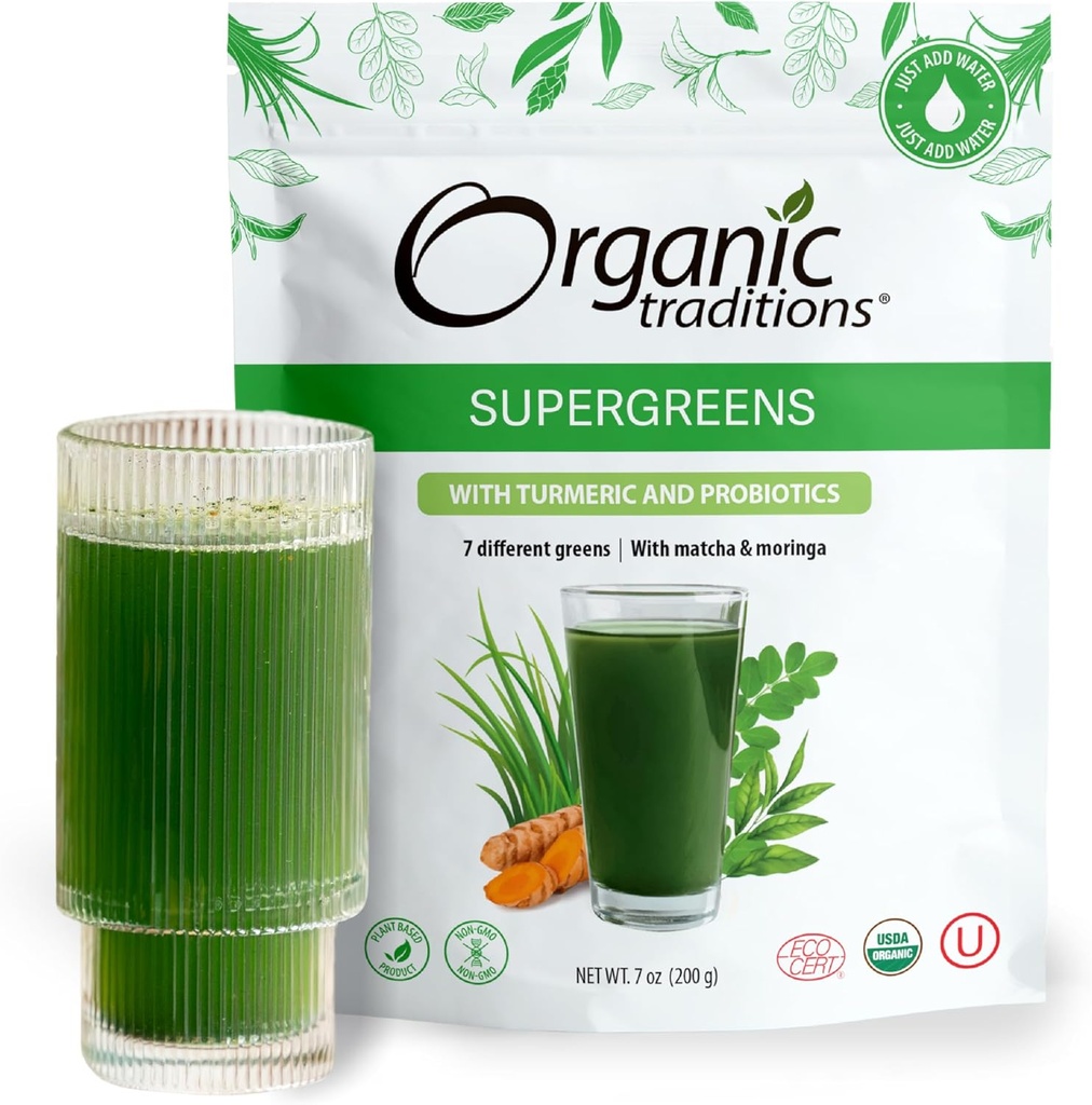 Tradiciones orgánicas Super Greens Powder Superfood con Turmeric, Ecológico Greens Superfood Powder, 200g / 7oz Bag