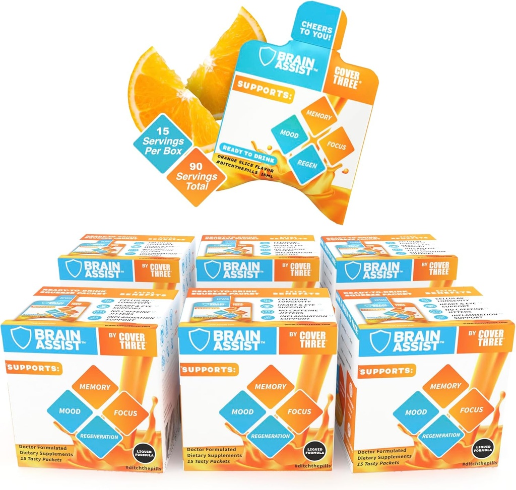 Cubrir tres suplementos cerebrales de ayuda cerebral, suplemento de enfoque nutricional con la curia, Uridine, Orange Slice líquido de apoyo cerebral Fórmula, Suplementos de memoria de alto rendimiento (6 cajas)