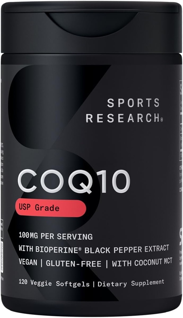 Sports Research CoQ10 (100mg) Enhanced w/Coconut Oil & Bioperine (Black Pepper) for Better Absorption ¦ Vegan Certified, Non-GMO Verified (120 Veggie Softgels)