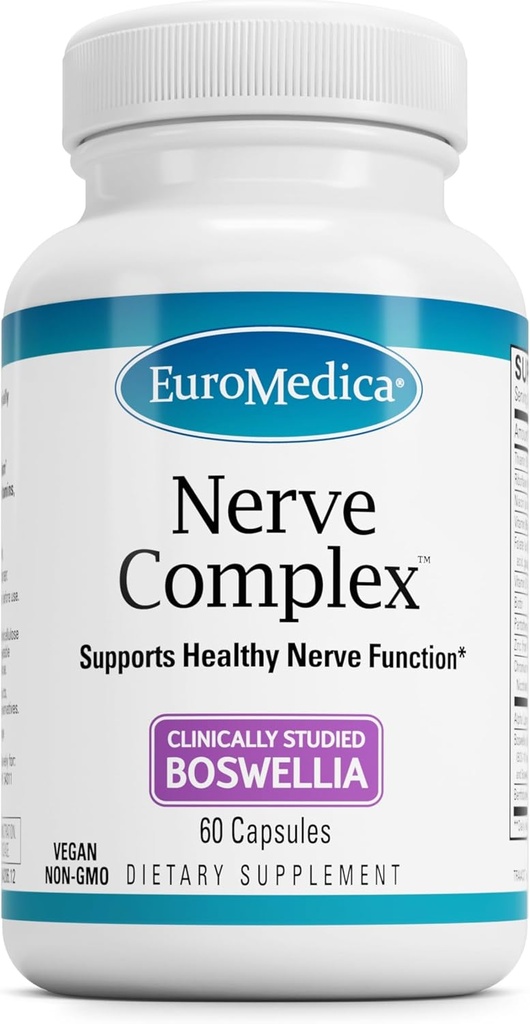 Complejo EuroMedica Nerve - Suplemento herbal con vitamina bioactiva B12 - Circulación &amp; Nerve Health Support Suplemento - Capsules veganos con Boswellia Serrata - 60 cápsulas
