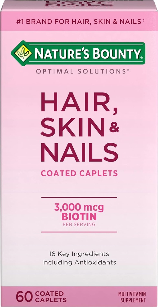 Bounty Optimal Solutions Hair, Skin & Nails Formula, con 3000 mcg Biotin, 60 Coated Caplets, 20 Total Servings