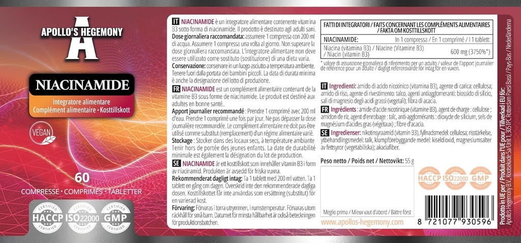 APOLLO'S HEGEMONY Niacinamide 500 mg por Tablet - 60 tabletas vegas - 2 mes de suministro - Apoyo Energía y función Nerve - Suplemento dietético de vitamina B3