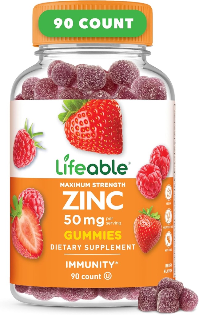 Lifeable Zinc Gummies ← 50mg TENIDO Great Tasting Natural Flavor Zinc Vitamins TEN Gluten Free, Vegetarian, GMO-Free Zinc Chewable ← para Immune Support TEN 90 Gummies