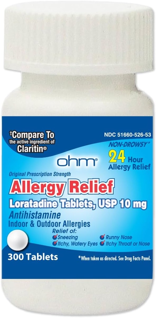 Ohm 24 Hour Loratadine Allergy Relief Tablets, 10mg - 300 Count | Non-Drowsy Allergy Pills, Medicine Original Prescription Strenght