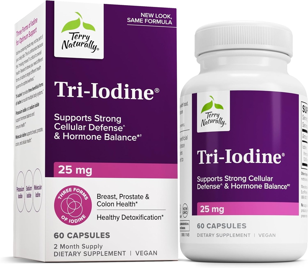 Terry Naturalmente Tri-Iodine - Suplemento dietético para el apoyo a la salud de la mama y la próstata - Función tiroidea saludable Suplemento Ayuda - 25 mg, 60 cápsulas