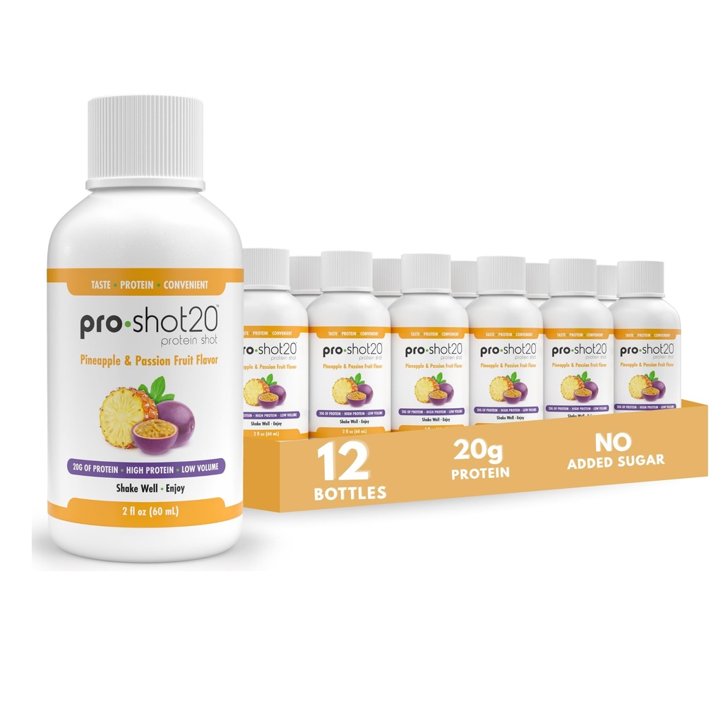 Pro-Shot20 Protein Shot Pineapple & Passion Fruit Flavor, 60 mL, 12-Pack- 20g Whey Protein & Hydrolyzed Collagen Drink- Low Calorie, Low Carb, Gluten Free, No Aspartame, Ready to Drink