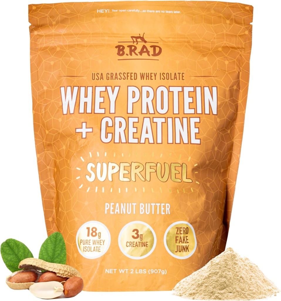 B.rad Superfuel - Grass Fed Whey Protein Isolate Boosted with Creatine ← Farm-Fresh, Easy-to-Digest, Clean Ingredients ← 2 Libras TEN 100% USA Fuented ← Peanut Butter