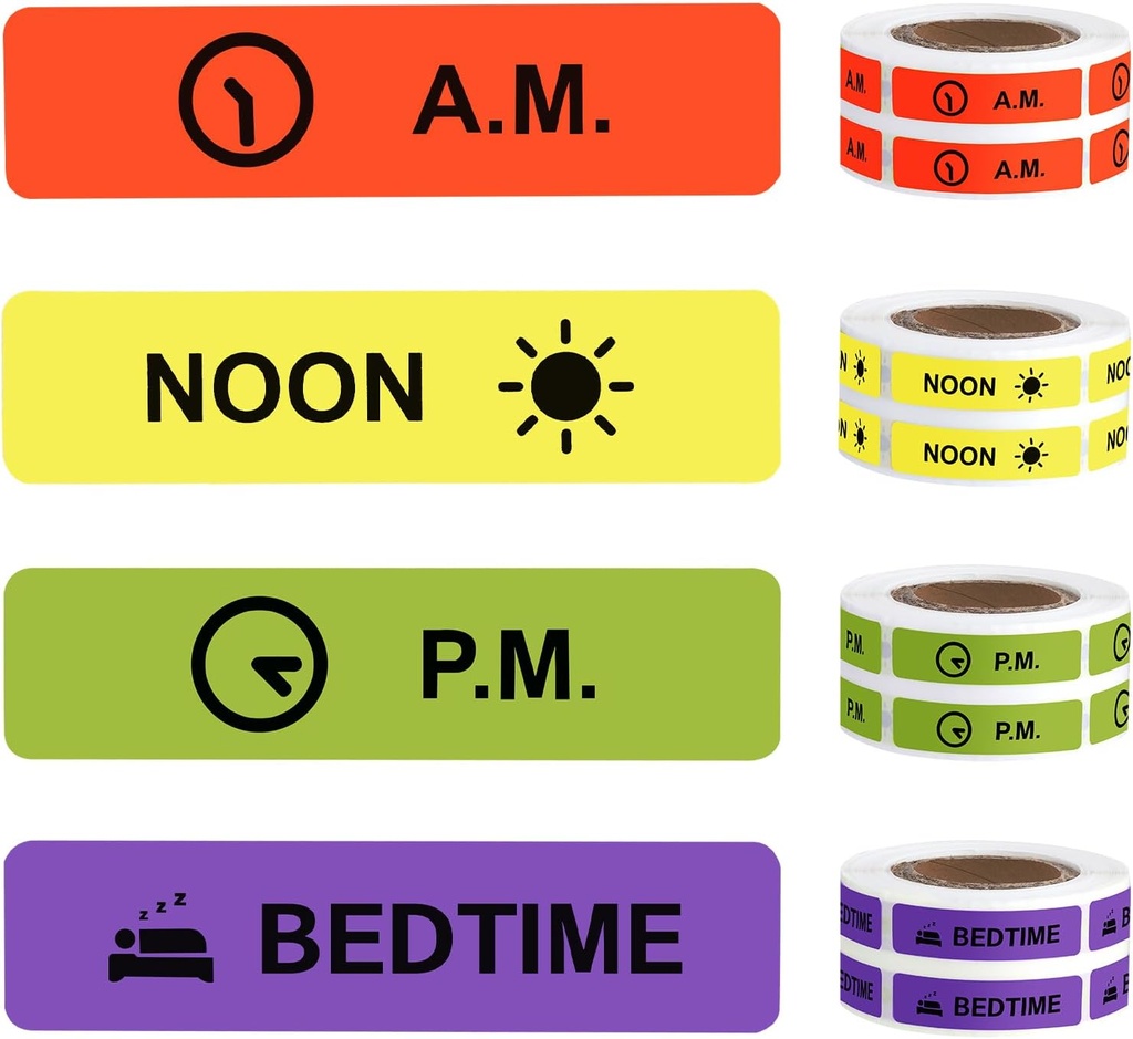 Medicine Stickers Medication Instruction Label Permanent Paper Label AM NOON PM Bedtime for Pill case Planner 0.4 * 1.6inch (500 per Roll 4 Pack)