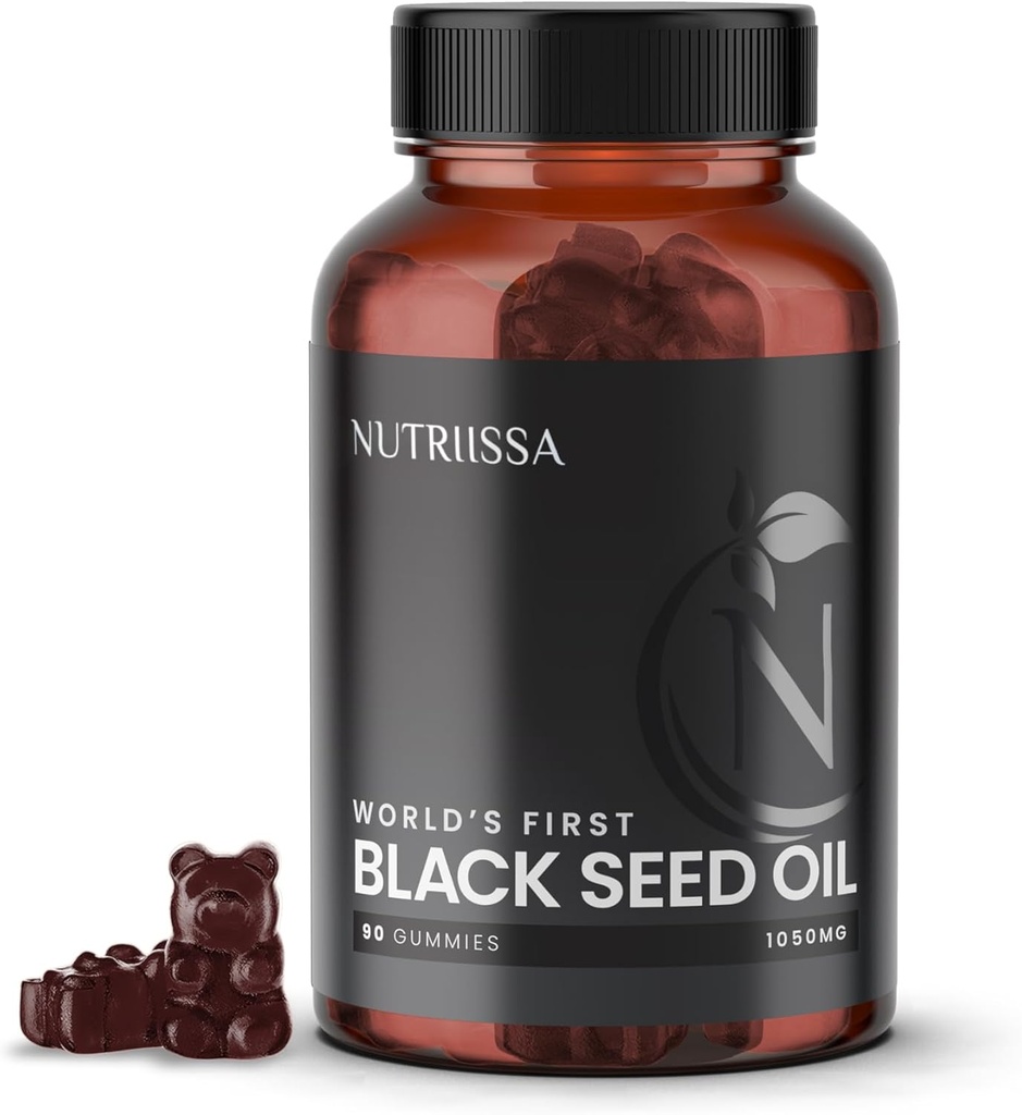 Nutriissa Black Seed Oil + Elder Berry Gummies – Cold-Presed Black Cumin Seed Nigella Sativa Oil – EPEB Certified for Purity & Potency – 90 Blueberry Flavored Vegan Gummies