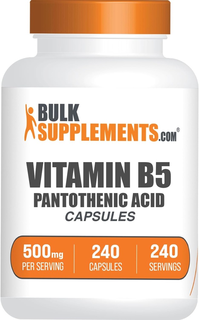 BulkSupplements.com Vitamina B5 Capsules - as Pantothenic Acid, B Vitamin Supplement, Pantothenic Acid 500 mg - Gluten Free, 1 cápsula por Serving, 240 cápsulas (Pack of 1)
