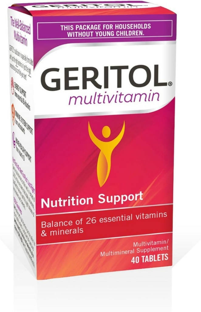Geritol, Suplemento Multivitamínico, Contiene B-Vitaminas, Antioxidantes, Vitaminas C, E &amp; D e Hierro, 26 Vitaminas y Minerales Esenciales, Libre de gluten, No OGM, No Dulces Artificiales, 40 Tabletas