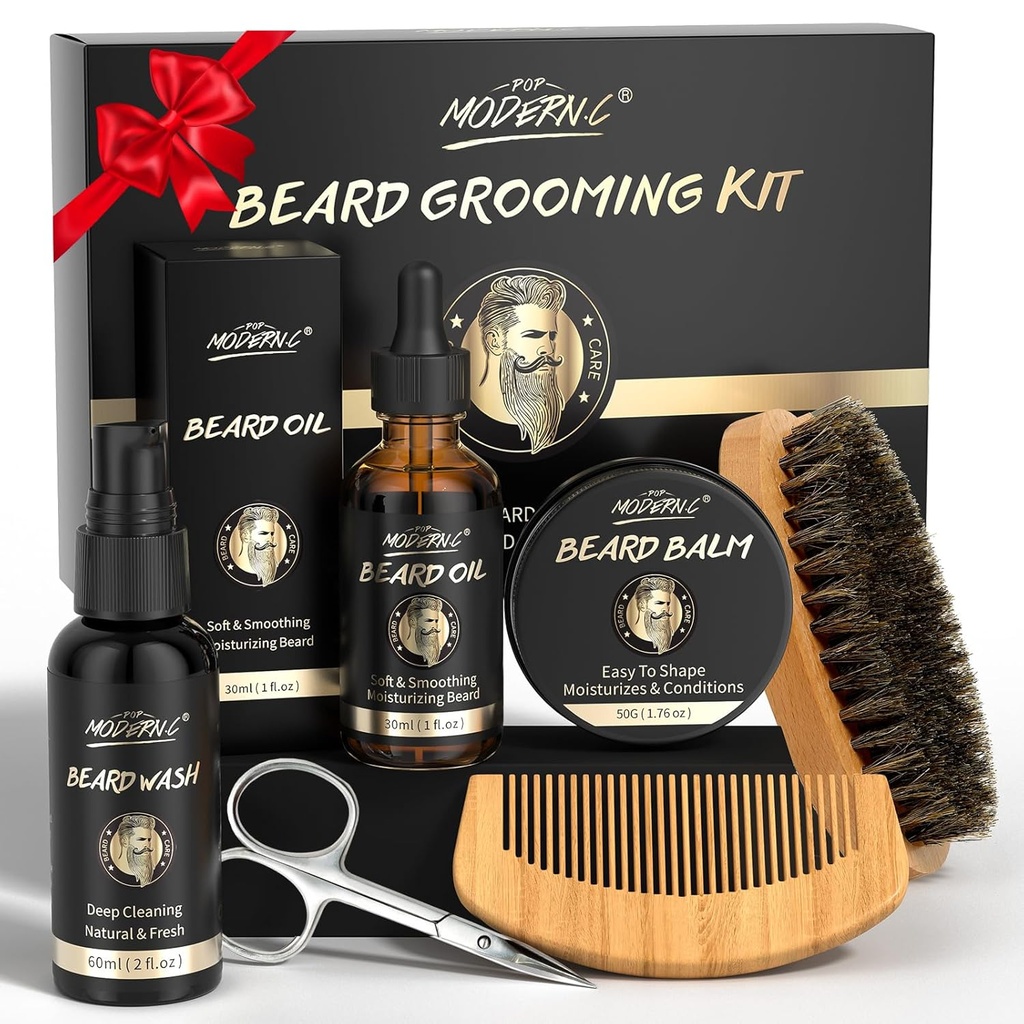 POP MODERN.C Kit de Crecimiento de barba Kit de aparejo de barba 6pcs Lavado de barba Champú aceite barba barba Balm Beard Comb cepillo tijeras