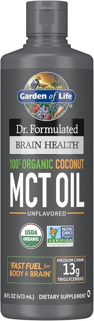 Garden of Life Dr. Formulated Brain Health 100% Organic Coconut MCT Oil 16 fl oz Unflavored, 13g MCT, Body & Brain Fuel, Certified Non-GMO Vegan &amp; Gluten Free, Hexane-Free