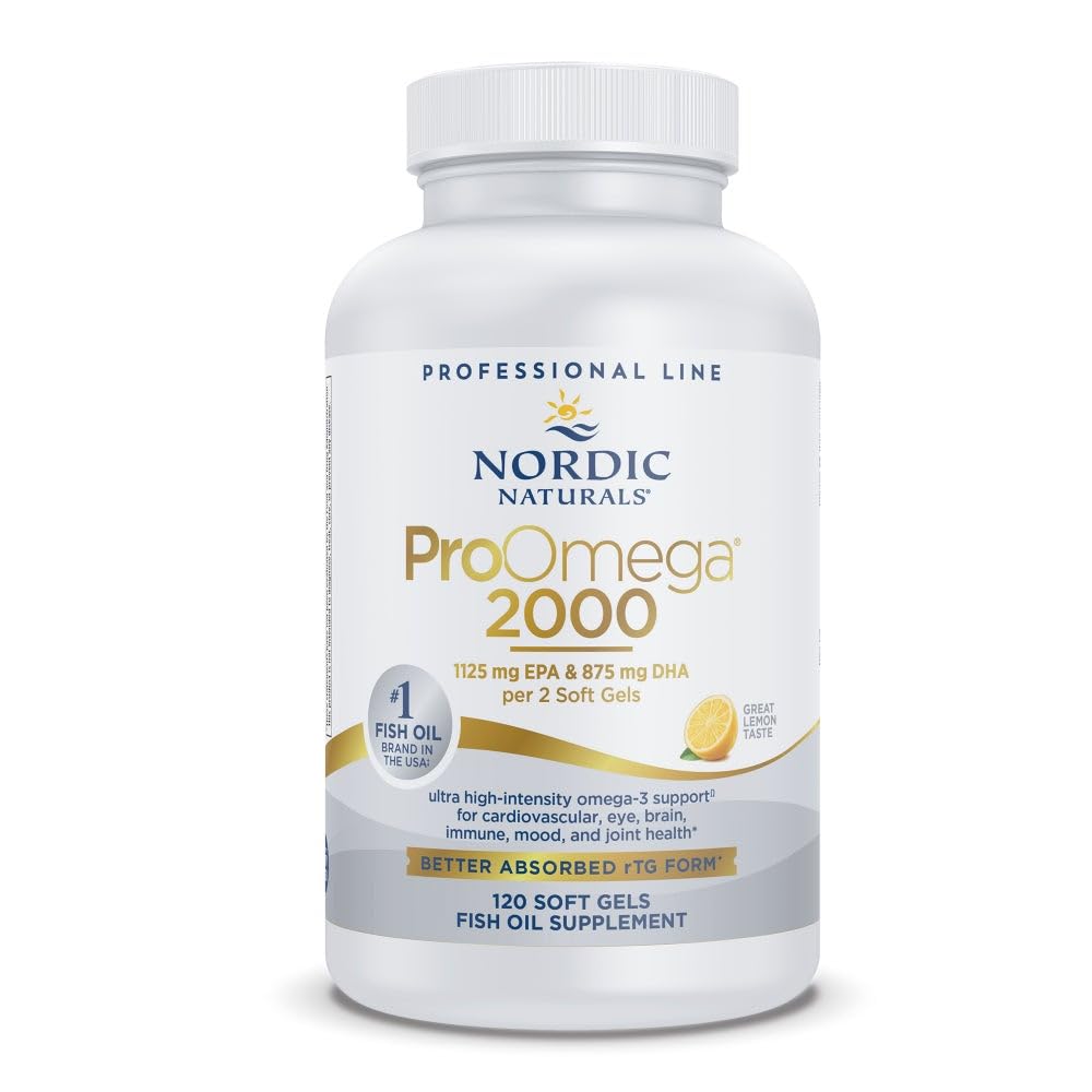 Nordic Naturals ProOmega 2000, Lemon Flavor - 120 Soft Gels - 2150 mg Omega-3 - Ultra High-Potency Fish Oil - EPA & DHA - promueve Cerebro, Ojo, Corazón, & Immune Health - Non-GMO - 60 Servings