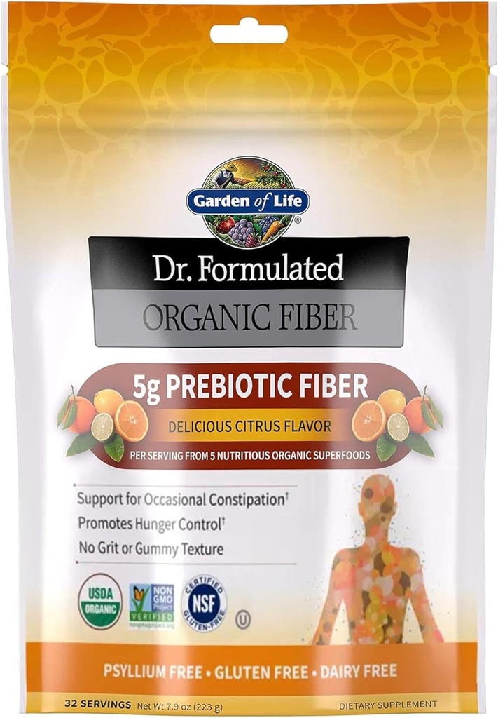 Jardín de la vida Dr Formulado Suplemento de fibra orgánica Citrus de polvo, Sugar Gratis, Psyllium Superfoods Prebióticos Libres, Alivio del estreñimiento y Control del Hambre para Hombres y Mujeres, 32 Servimientos