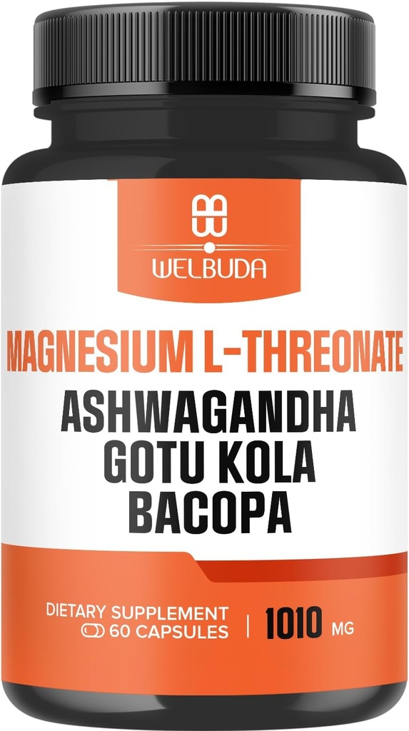 Magnesium L-Threonate Capsules 1010mg - 5in1 con Ashwagandha Root, Gotu Kola Leaf &amp; More - Positivo Mood, Salud cerebral, Capacidad de recordar, Concentración &amp; Energía Apoyo a la producción - 60 cápsulas