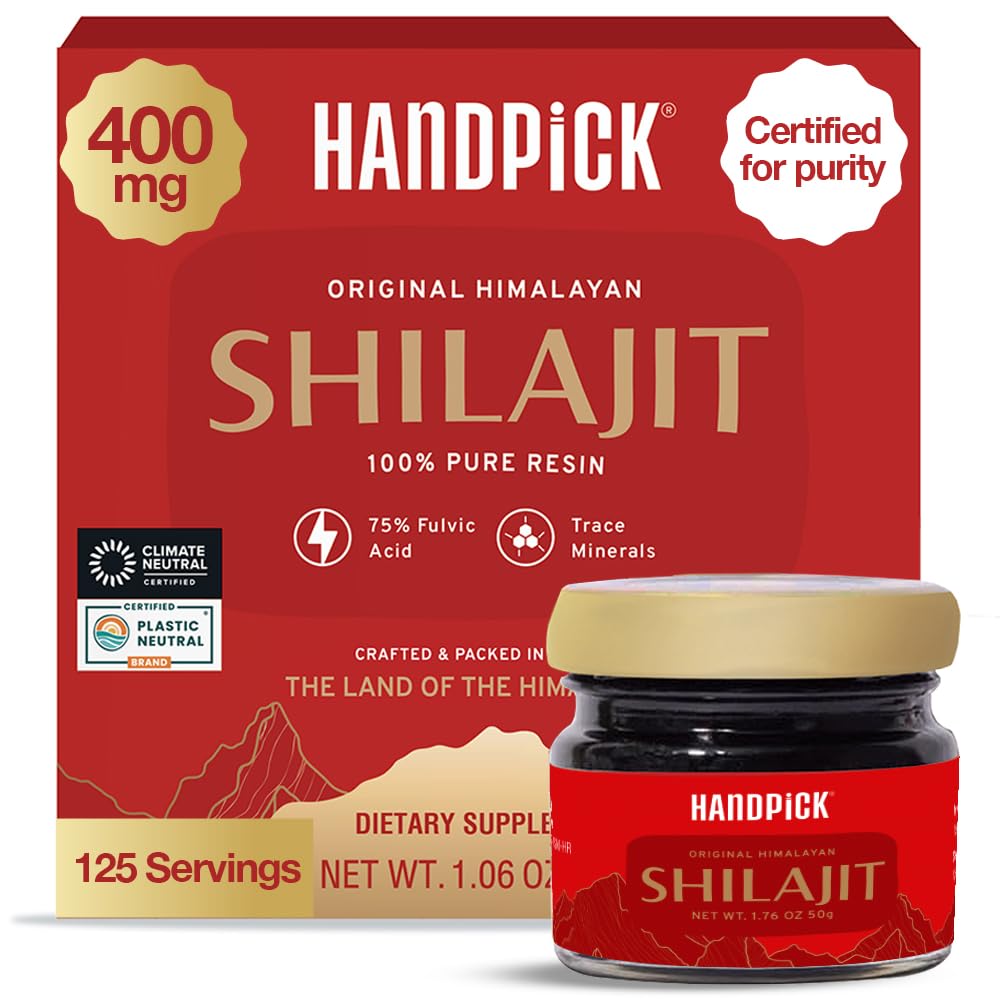 HANDPICK 400 mg Ultra Concentrado Himalayan Shilajit Resin TENIDO 75% Ácido Fulvico, 85+ Minerales TENIDO Masculinidad Siente, Alta Potencia, Fuerza &amp; Stamina I Lab probado para pureza I 50 gm (125 porciones)